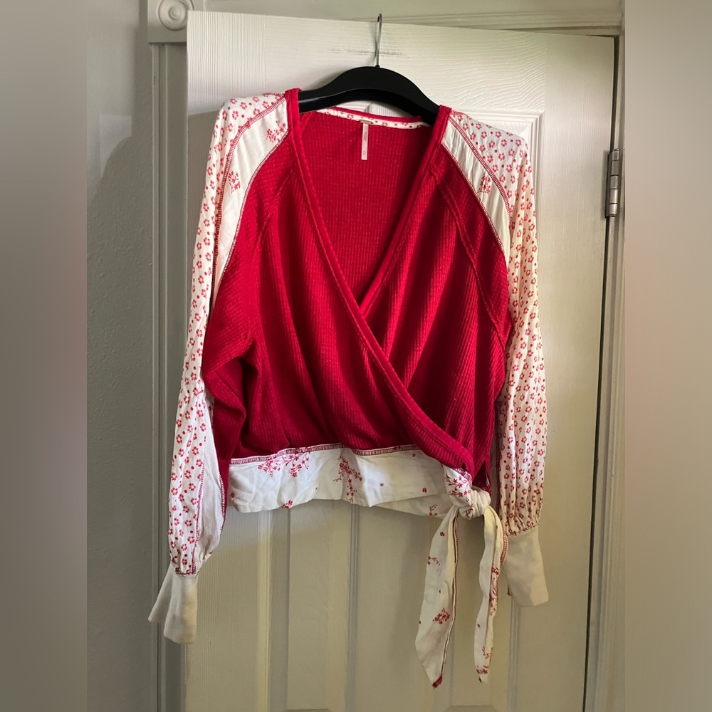 Free People Auxton Wrap Front Long Sleeve Red Thermal Top
